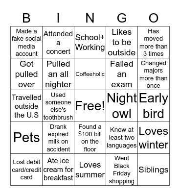 "Get to know you" Bingo!  Bingo Card