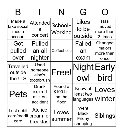 "Get to know you" Bingo!  Bingo Card