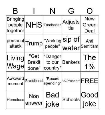 ITV Leaders Debate 2019 Bingo Card