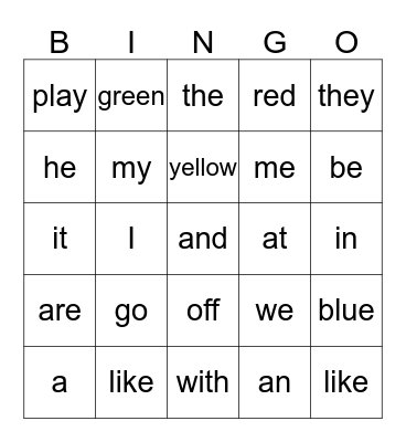 Kindergarten sight words Bingo Card