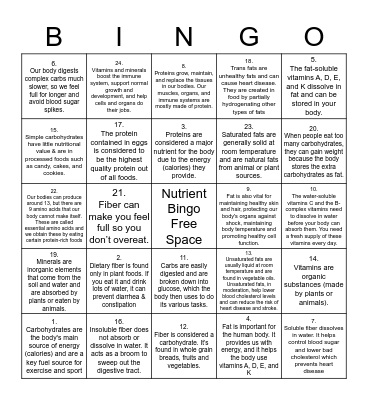 Nutrient Bingo Card