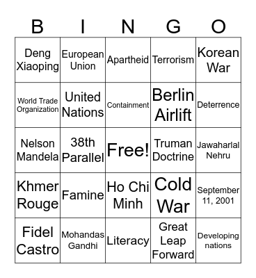 Cold War, Independence Movements, Globalization Bingo Card