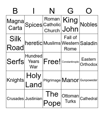 Middle Ages Bingo Card