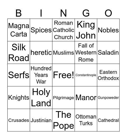 Middle Ages Bingo Card