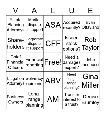 Welcome to Valuation & Litigation Support Bingo Card