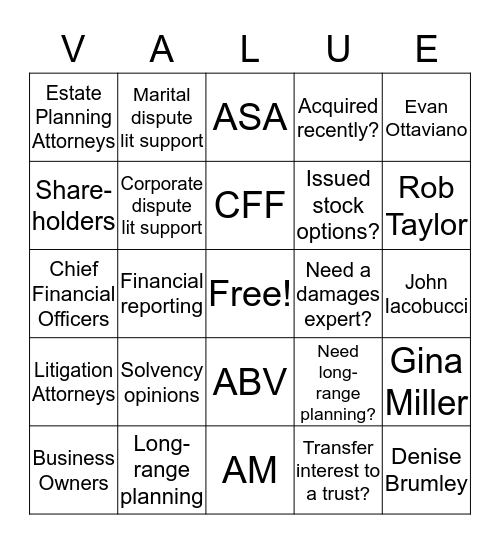 Welcome to Valuation & Litigation Support Bingo Card