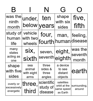 Greek/Latin Root Words Week 11 Bingo Card