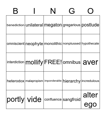 Vocabulary Bingo Card