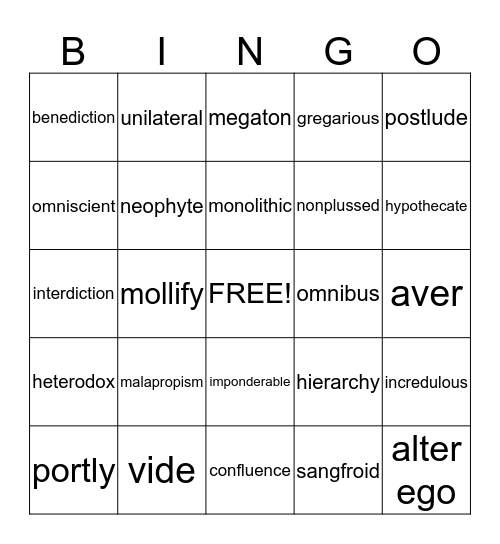 Vocabulary Bingo Card