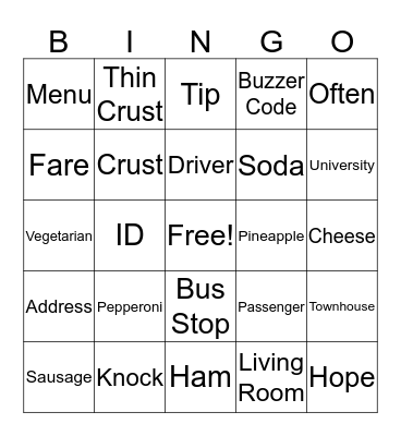 Pizza and Taking the Bus Bingo Card