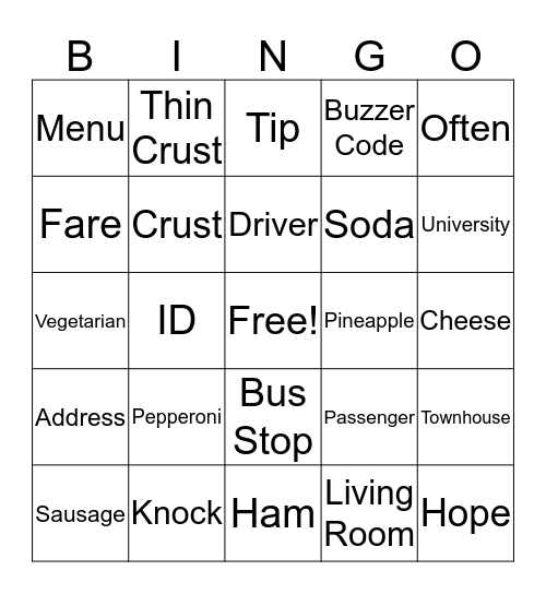 Pizza and Taking the Bus Bingo Card