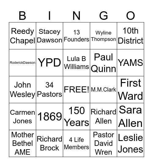 Lula B Williams Missionary Society Bingo Card