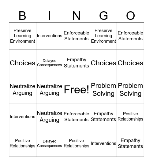 Love & Logic 9 Essential Skills Bingo Card
