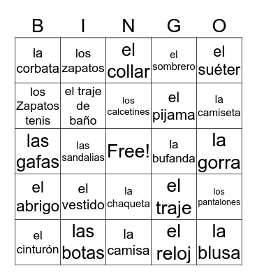 La Ropa Bingo Card
