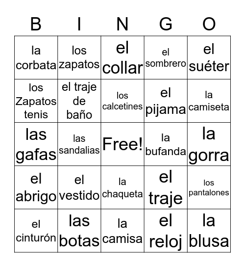 La Ropa Bingo Card