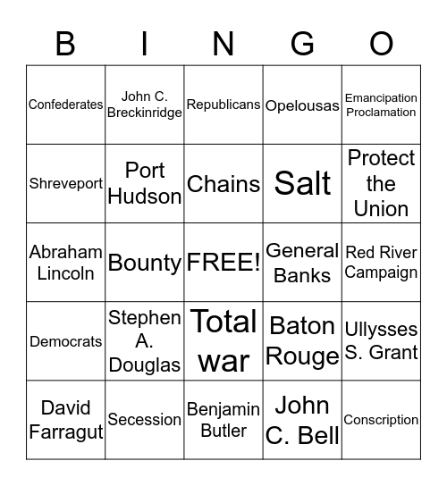 Chapter 10:  Civil War Bingo Card