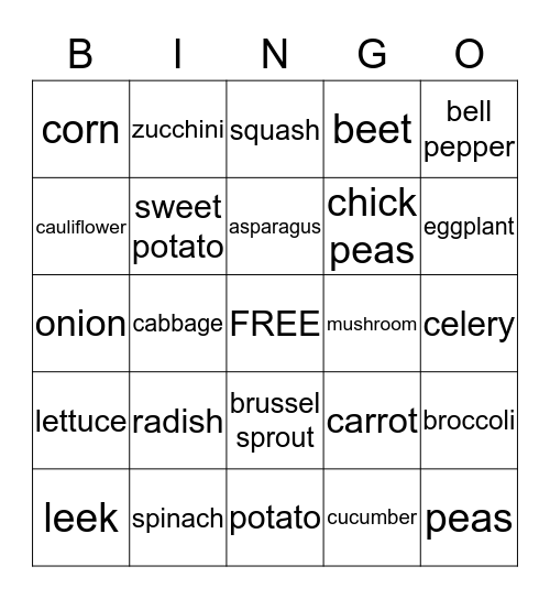 Vegetables Bingo Card