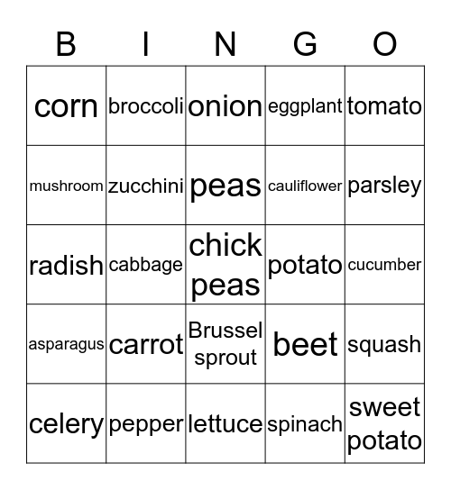 Vegetables Bingo Card