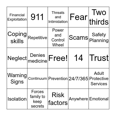 The Power and Control Wheel Bingo Card