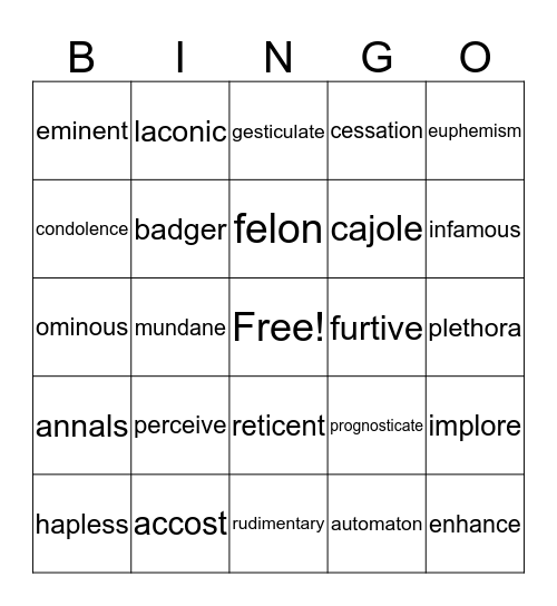 Vocabulary Units 1-3 Bingo Card