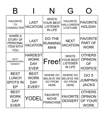 Caregiver Bingo Card