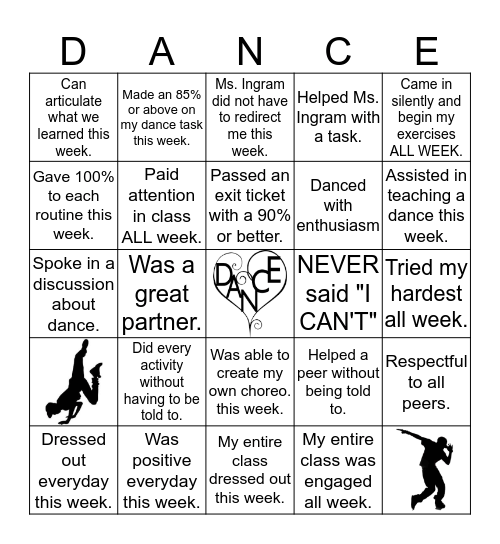 Ms. Ingram's Dance Reward BINGO Card