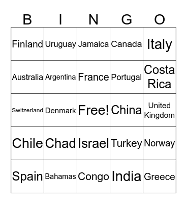 Country Bingo Card