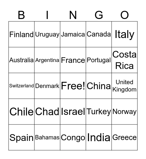 Country Bingo Card