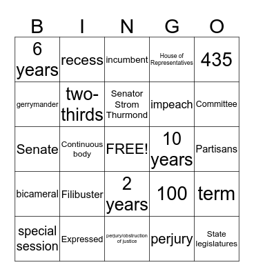 Congress Bingo Card
