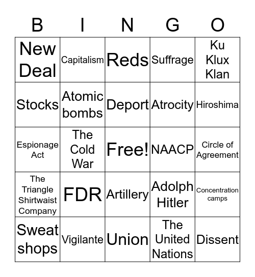 20th Century American History at PATH Bingo Card