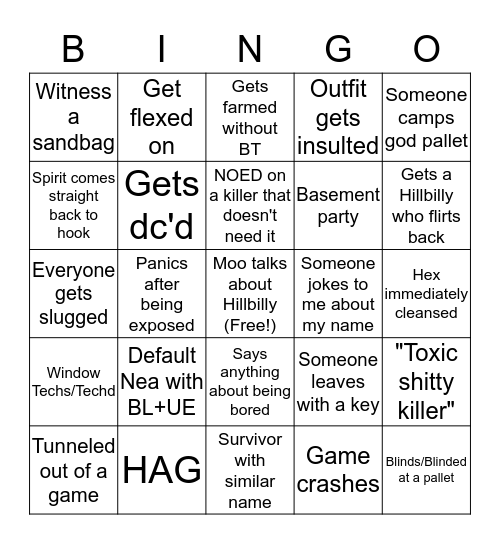 Dead by Daylight Bingo Card