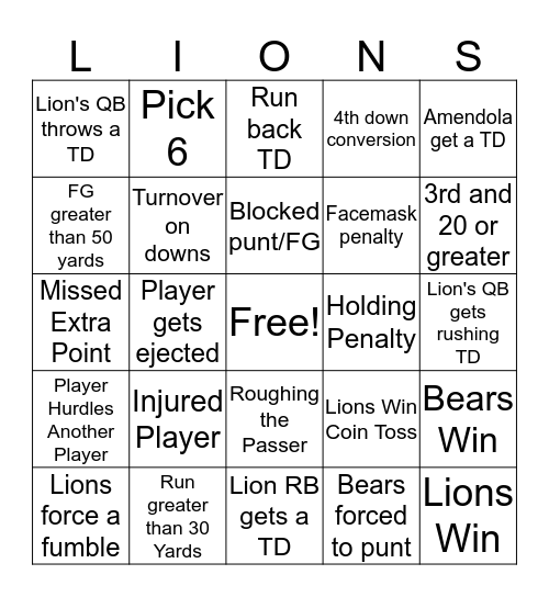 Lion's Bingo Card