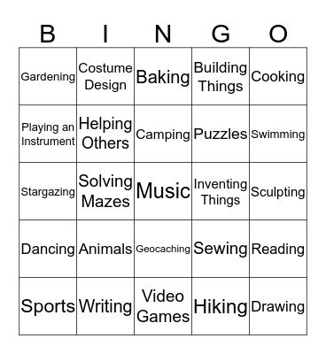Interest Bingo Card