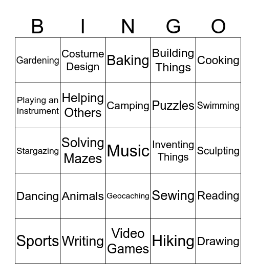 Interest Bingo Card