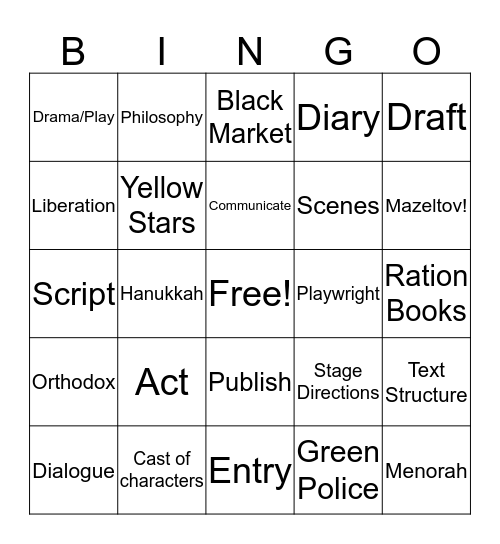 "The Diary of Anne Frank" Vocabulary Bingo Card