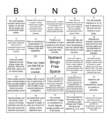 Nutrient Bingo Card