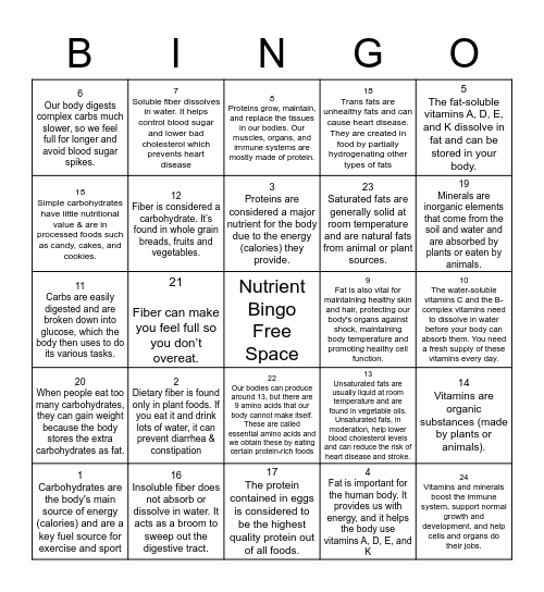 Nutrient Bingo Card