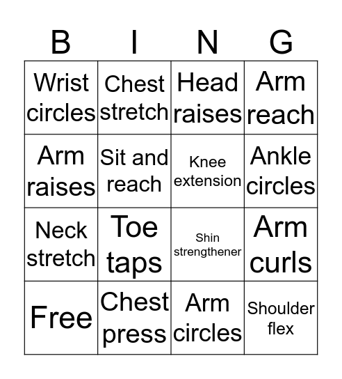 Chair Activity Bingo Card