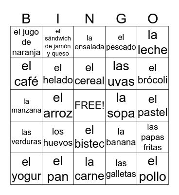 Comidas y Bebidas Bingo Card