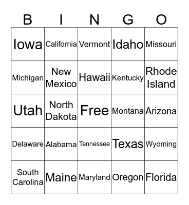 States  Bingo Card