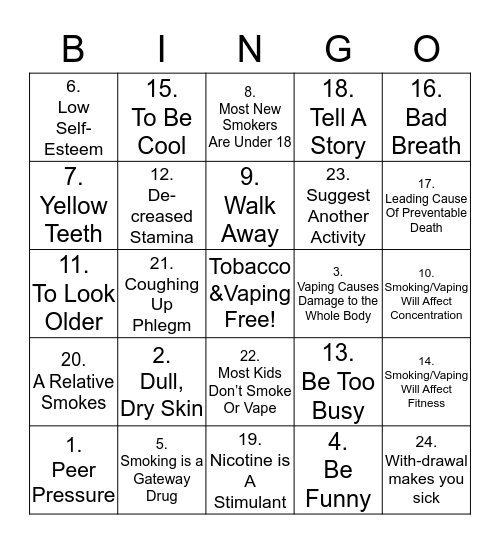 Smoking/Vaping Prevention Bingo Card