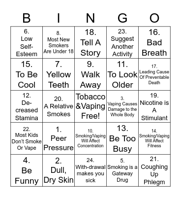 Smoking/Vaping Prevention Bingo Card