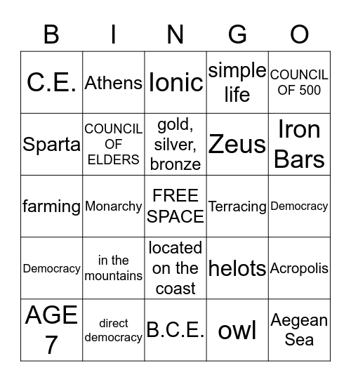 Ancient Greece Bingo Card