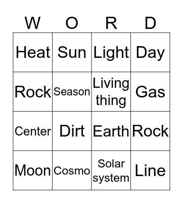 The Sun,Earth and Moon Bingo Card
