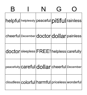 Spelling Bingo Card