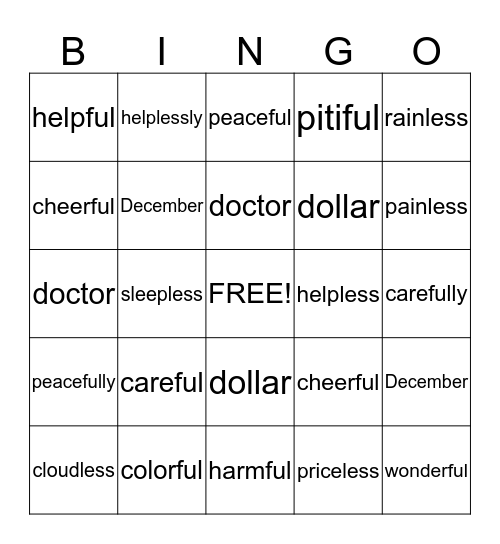 Spelling Bingo Card