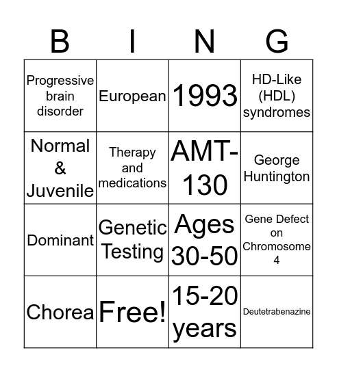 Huntington's Disease - BINGO Card