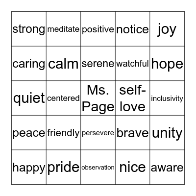 Mindfulness Bingo Card