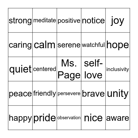 Mindfulness Bingo Card