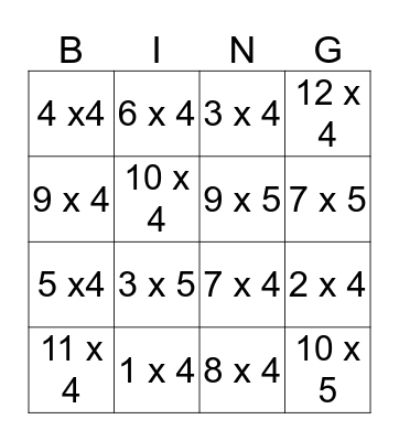 Multiplication Bingo Card